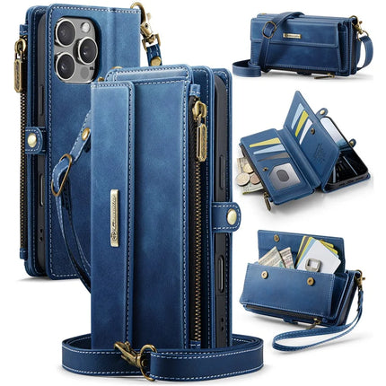 CASEME C39 Series For iPhone 13 Pro Max Case RFID Blocking 9 Card Slots Zipper Wallet Stand Leather Cover with Strap - Blue