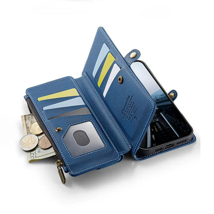 CASEME C39 Series For iPhone 13 Pro Max Case RFID Blocking 9 Card Slots Zipper Wallet Stand Leather Cover with Strap