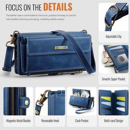 CASEME C39 Series For iPhone 13 Pro Max Case RFID Blocking 9 Card Slots Zipper Wallet Stand Leather Cover with Strap