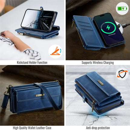 CASEME C39 Series For iPhone 13 Pro Max Case RFID Blocking 9 Card Slots Zipper Wallet Stand Leather Cover with Strap