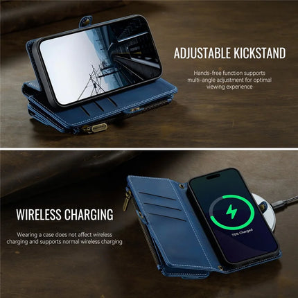 CASEME C39 Series For iPhone 13 Pro Max Case RFID Blocking 9 Card Slots Zipper Wallet Stand Leather Cover with Strap