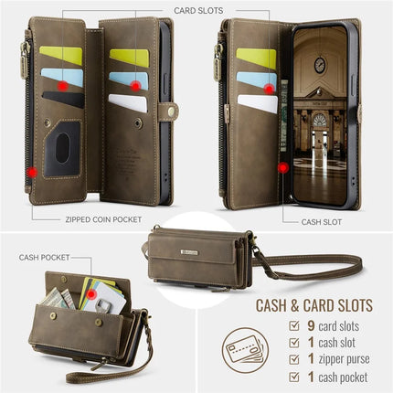 CASEME C39 Series For iPhone 13 Pro Max Case RFID Blocking 9 Card Slots Zipper Wallet Stand Leather Cover with Strap