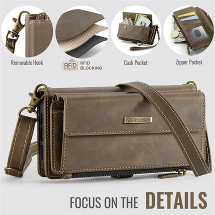 CASEME C39 Series For iPhone 13 Pro Max Case RFID Blocking 9 Card Slots Zipper Wallet Stand Leather Cover with Strap