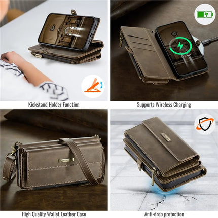 CASEME C39 Series For iPhone 13 Pro Max Case RFID Blocking 9 Card Slots Zipper Wallet Stand Leather Cover with Strap