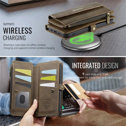 CASEME C39 Series For iPhone 13 Pro Max Case RFID Blocking 9 Card Slots Zipper Wallet Stand Leather Cover with Strap