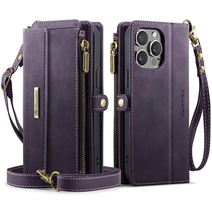 CASEME C39 Series For iPhone 13 Pro Max Case RFID Blocking 9 Card Slots Zipper Wallet Stand Leather Cover with Strap