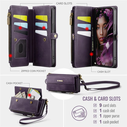 CASEME C39 Series For iPhone 13 Pro Max Case RFID Blocking 9 Card Slots Zipper Wallet Stand Leather Cover with Strap