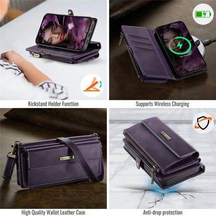 CASEME C39 Series For iPhone 13 Pro Max Case RFID Blocking 9 Card Slots Zipper Wallet Stand Leather Cover with Strap