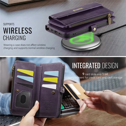 CASEME C39 Series For iPhone 13 Pro Max Case RFID Blocking 9 Card Slots Zipper Wallet Stand Leather Cover with Strap