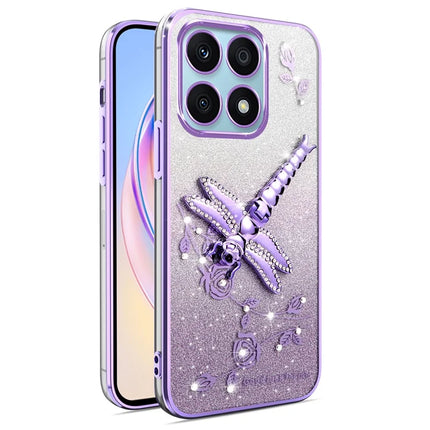 KADEM For Honor X8a 4G Case Dragonfly Kickstand TPU Flowers Glitter Phone Cover - Purple