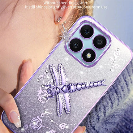 KADEM For Honor X8a 4G Case Dragonfly Kickstand TPU Flowers Glitter Phone Cover