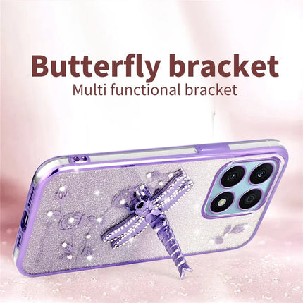KADEM For Honor X8a 4G Case Dragonfly Kickstand TPU Flowers Glitter Phone Cover