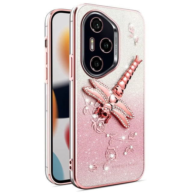 KADEM For Honor 300 Pro Case Dragonfly Kickstand TPU Flowers Glitter Phone Cover - Pink