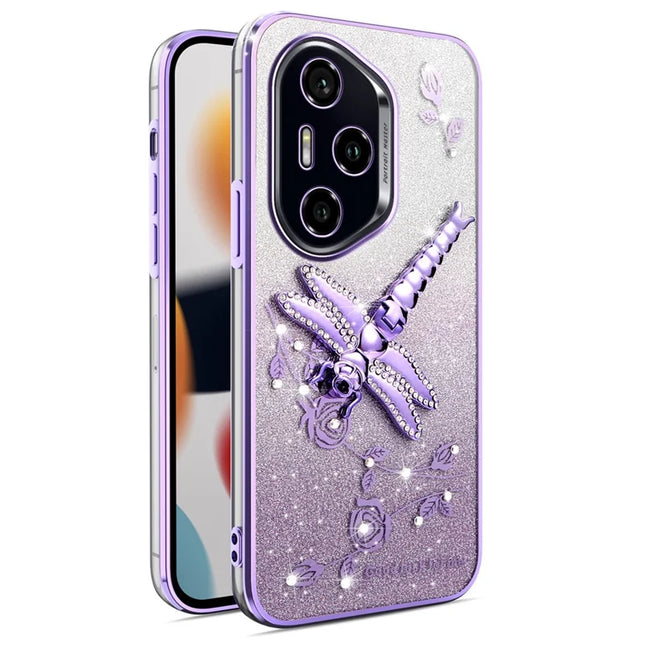 KADEM For Honor 300 Pro Case Dragonfly Kickstand TPU Flowers Glitter Phone Cover - Purple