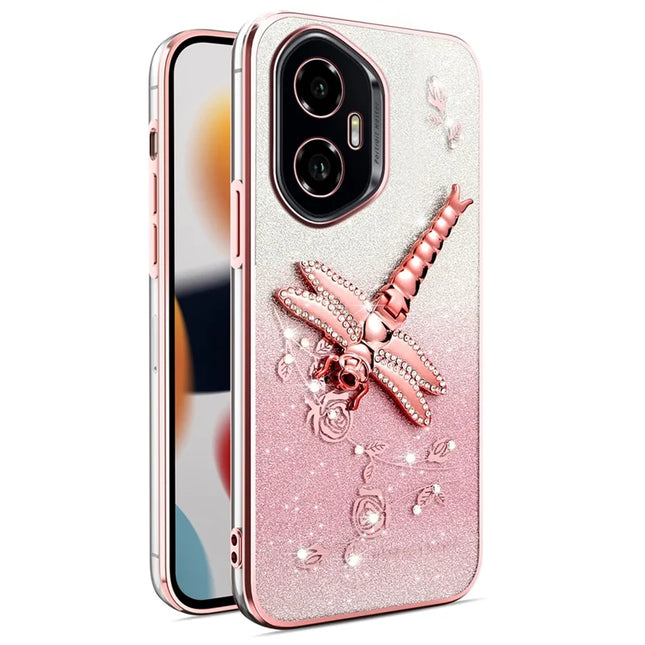 KADEM For Honor 300 Case Dragonfly Kickstand TPU Flowers Glitter Phone Cover - Pink