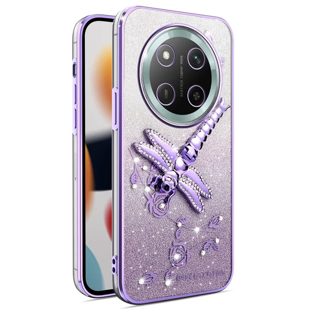 KADEM For Honor X60 Pro 5G Case Dragonfly Kickstand TPU Flowers Glitter Phone Cover - Purple