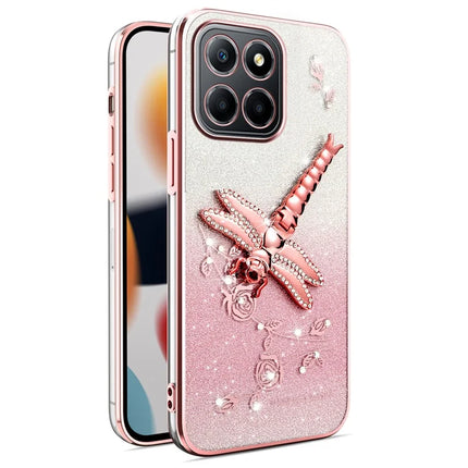 KADEM For Honor X8 5G Case Dragonfly Kickstand TPU Flowers Glitter Phone Cover - Pink