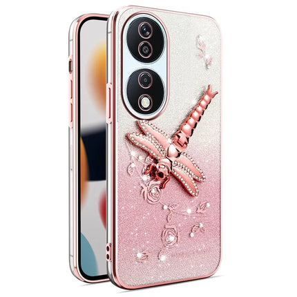 KADEM For Honor X7b 4G / 90 Smart Case Dragonfly Kickstand TPU Flowers Glitter Phone Cover - Pink
