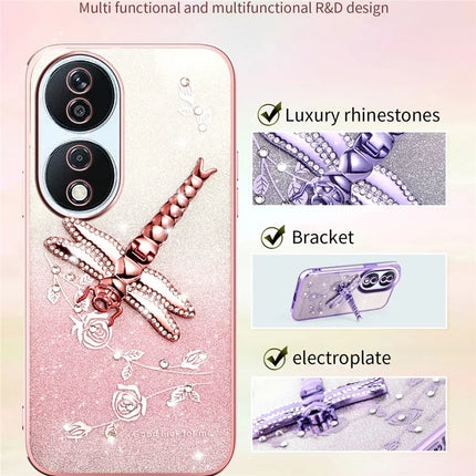 KADEM For Honor X7b 4G / 90 Smart Case Dragonfly Kickstand TPU Flowers Glitter Phone Cover