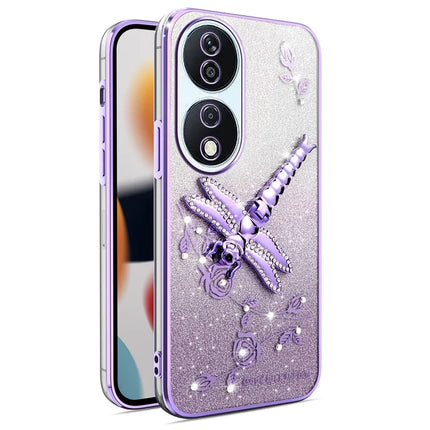 KADEM For Honor X7b 4G / 90 Smart Case Dragonfly Kickstand TPU Flowers Glitter Phone Cover - Purple