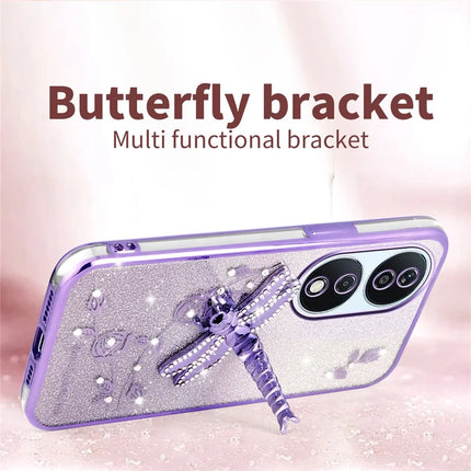 KADEM For Honor X7b 4G / 90 Smart Case Dragonfly Kickstand TPU Flowers Glitter Phone Cover