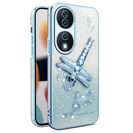 KADEM For Honor X7b 4G / 90 Smart Case Dragonfly Kickstand TPU Flowers Glitter Phone Cover - Blue