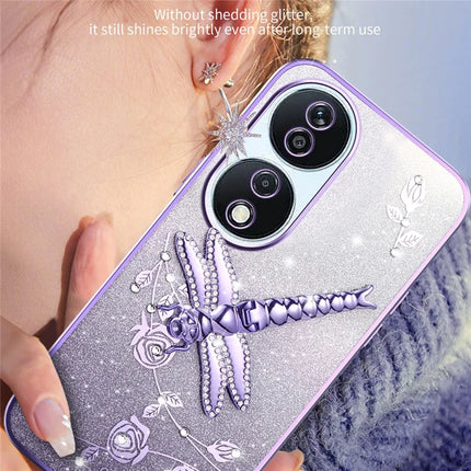 KADEM For Honor X7b 4G / 90 Smart Case Dragonfly Kickstand TPU Flowers Glitter Phone Cover