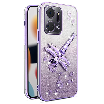 KADEM For Honor X7a 4G Case Dragonfly Kickstand TPU Flowers Glitter Phone Cover - Purple