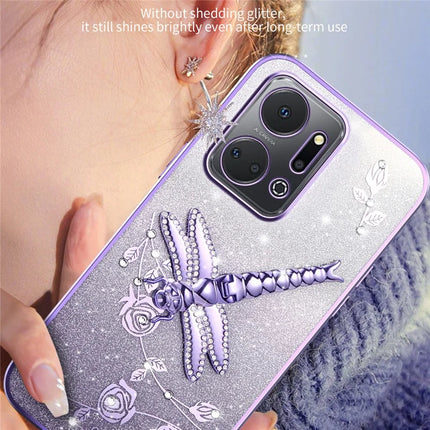 KADEM For Honor X7a 4G Case Dragonfly Kickstand TPU Flowers Glitter Phone Cover