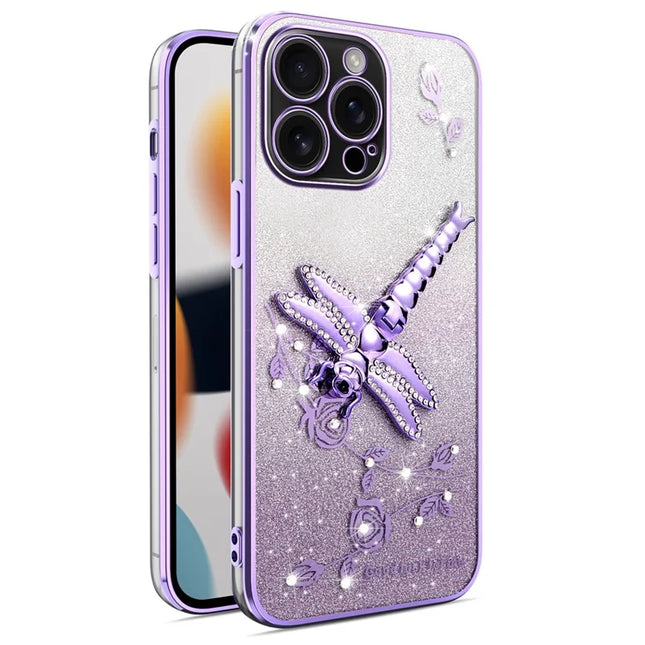 KADEM For iPhone 16 Pro Max Case Dragonfly Kickstand TPU Flowers Glitter Phone Cover - Purple