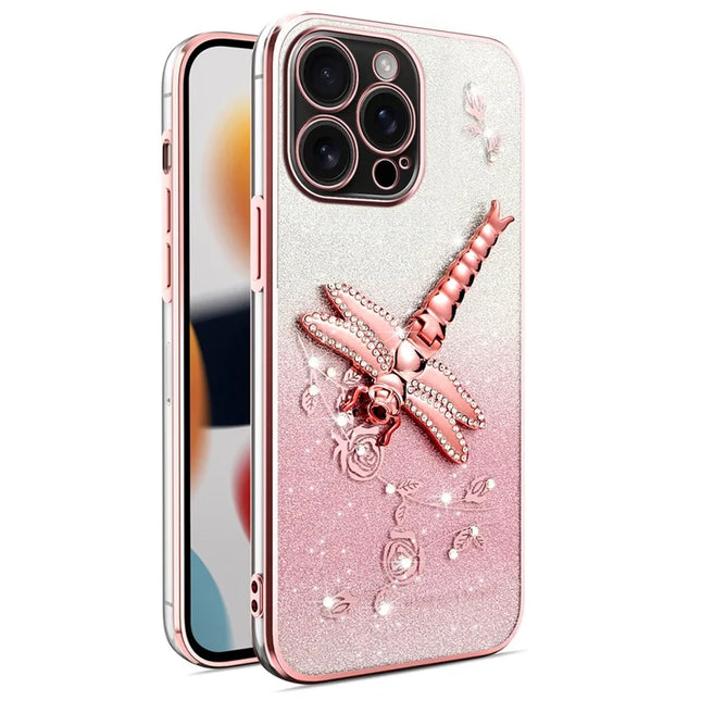 KADEM For iPhone 16 Pro Max Case Dragonfly Kickstand TPU Flowers Glitter Phone Cover - Pink