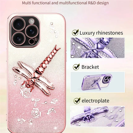 KADEM For iPhone 16 Pro Max Case Dragonfly Kickstand TPU Flowers Glitter Phone Cover