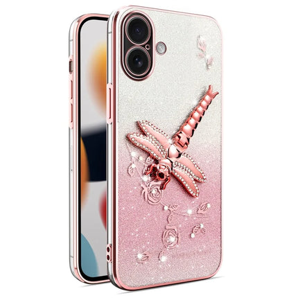 KADEM For iPhone 16 Plus Case Dragonfly Kickstand TPU Flowers Glitter Phone Cover - Pink