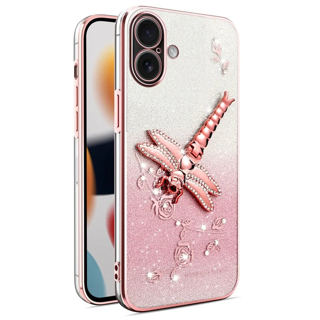 KADEM For iPhone 16 Plus Case Dragonfly Kickstand TPU Flowers Glitter Phone Cover - Pink