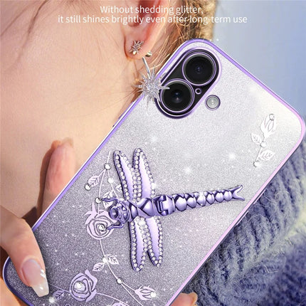 KADEM For iPhone 16 Plus Case Dragonfly Kickstand TPU Flowers Glitter Phone Cover