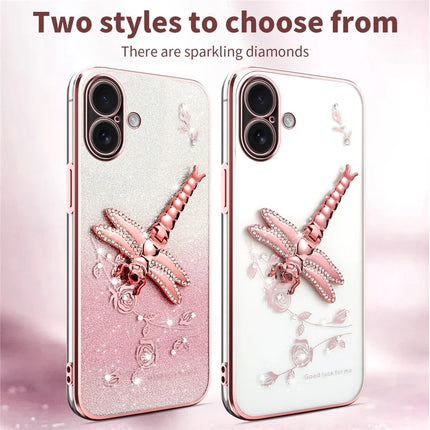 KADEM For iPhone 16 Plus Case Dragonfly Kickstand TPU Flowers Glitter Phone Cover
