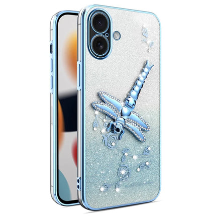 KADEM For iPhone 16 Case Dragonfly Kickstand TPU Flowers Glitter Phone Cover - Blue