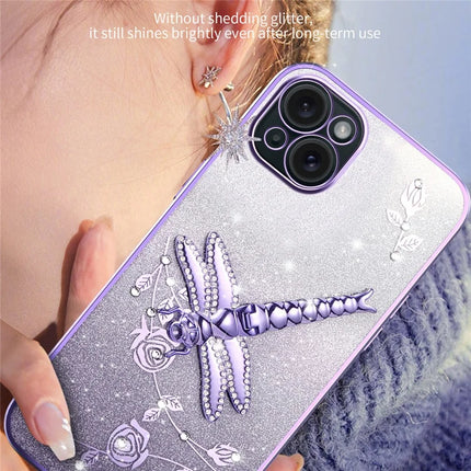 KADEM For iPhone 14 Case Dragonfly Kickstand TPU Flowers Glitter Phone Cover