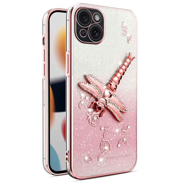 KADEM For iPhone 13 Case Dragonfly Kickstand TPU Flowers Glitter Phone Cover - Pink