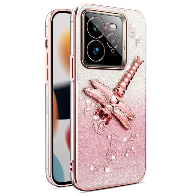 KADEM For Realme GT 7 Pro 5G Case Dragonfly Kickstand TPU Flowers Glitter Phone Cover - Pink