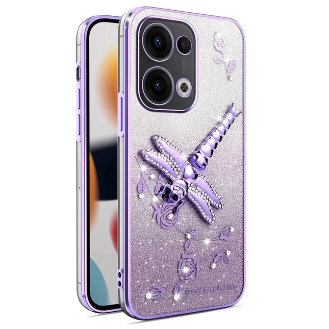 KADEM For Oppo Reno13 5G (Global) Case Dragonfly Kickstand TPU Flowers Glitter Phone Cover - Purple
