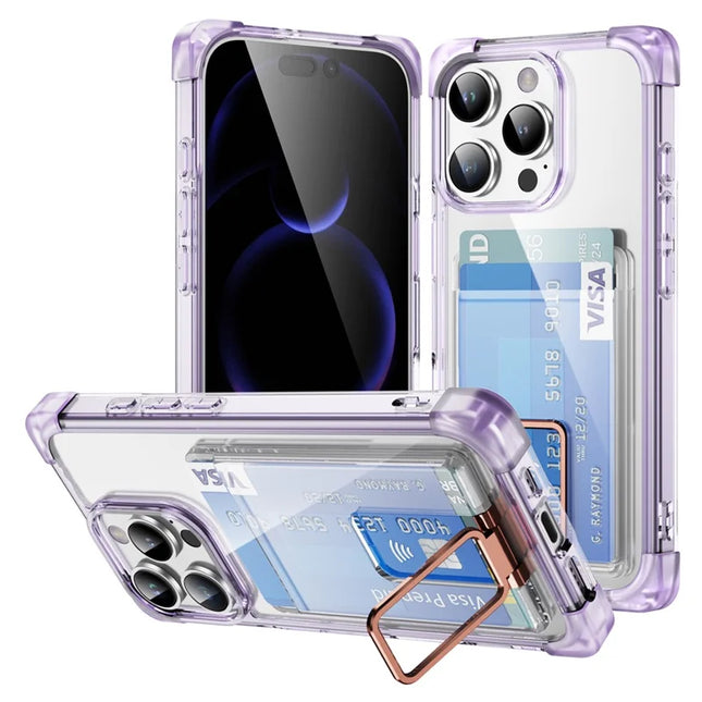For iPhone 16 Pro Max Case Reinforced Corners TPU + Acrylic Phone Cover with Kickstand Card Holder - Transparent Purple