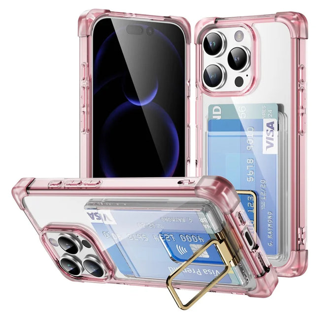 For iPhone 16 Pro Max Case Reinforced Corners TPU + Acrylic Phone Cover with Kickstand Card Holder - Transparent Pink
