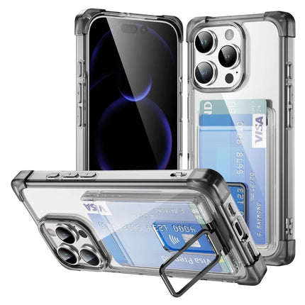 For iPhone 16 Pro Max Case Reinforced Corners TPU + Acrylic Phone Cover with Kickstand Card Holder - Transparent Black