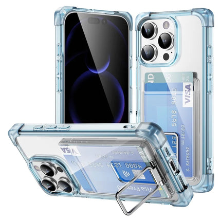 For iPhone 16 Pro Max Case Reinforced Corners TPU + Acrylic Phone Cover with Kickstand Card Holder - Transparent Blue