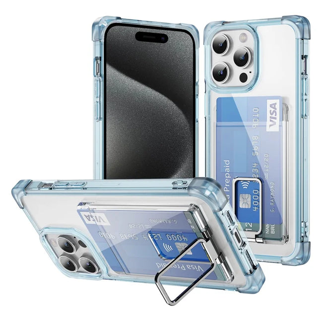For iPhone 15 Pro Max Case Reinforced Corners TPU + Acrylic Phone Cover with Kickstand Card Holder - Transparent Blue
