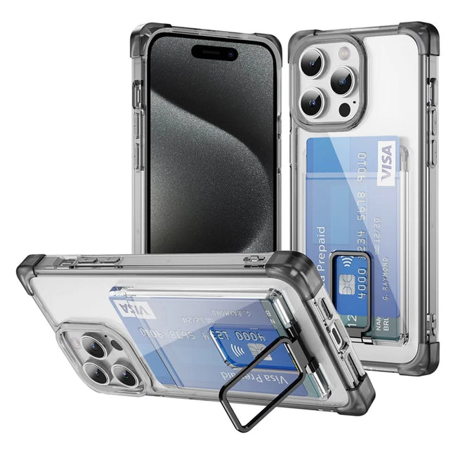 For iPhone 15 Pro Case Reinforced Corners TPU + Acrylic Phone Cover with Kickstand Card Holder - Transparent Black
