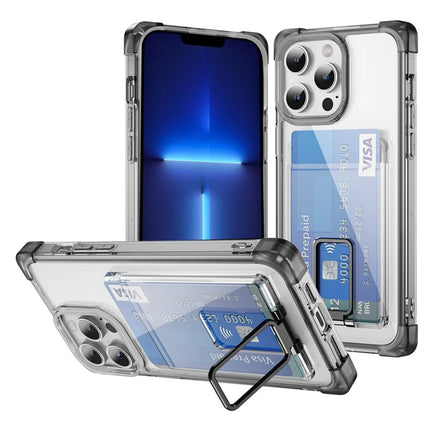 For iPhone 13 Pro Max Case Reinforced Corners TPU + Acrylic Phone Cover with Kickstand Card Holder - Transparent Black
