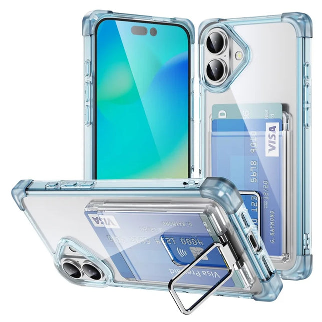 For iPhone 16 Plus Case Reinforced Corners TPU + Acrylic Phone Cover with Kickstand Card Holder - Transparent Blue