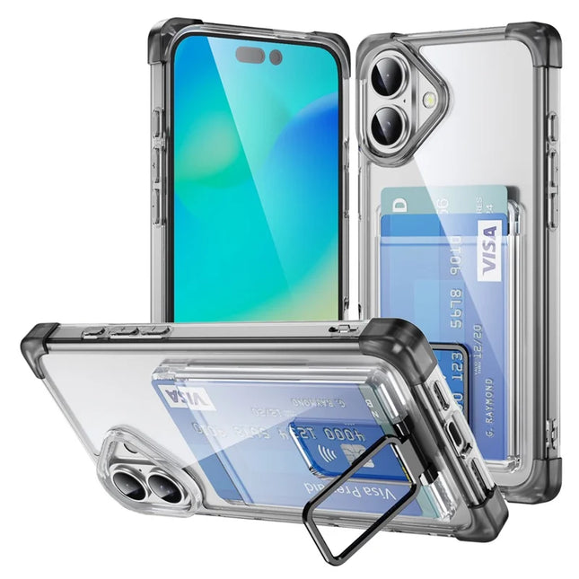 For iPhone 16 Plus Case Reinforced Corners TPU + Acrylic Phone Cover with Kickstand Card Holder - Transparent Black